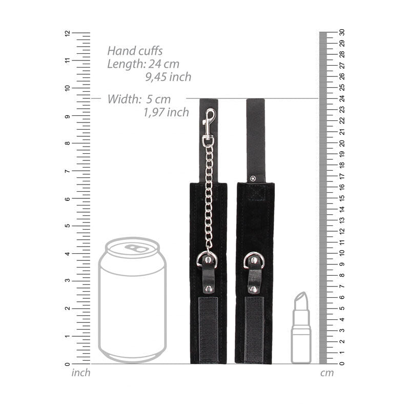Ouch! bw velcro collar with leash and hand cuffs - Product top view, with handcuffs sizes  | Flirtybay.com.au